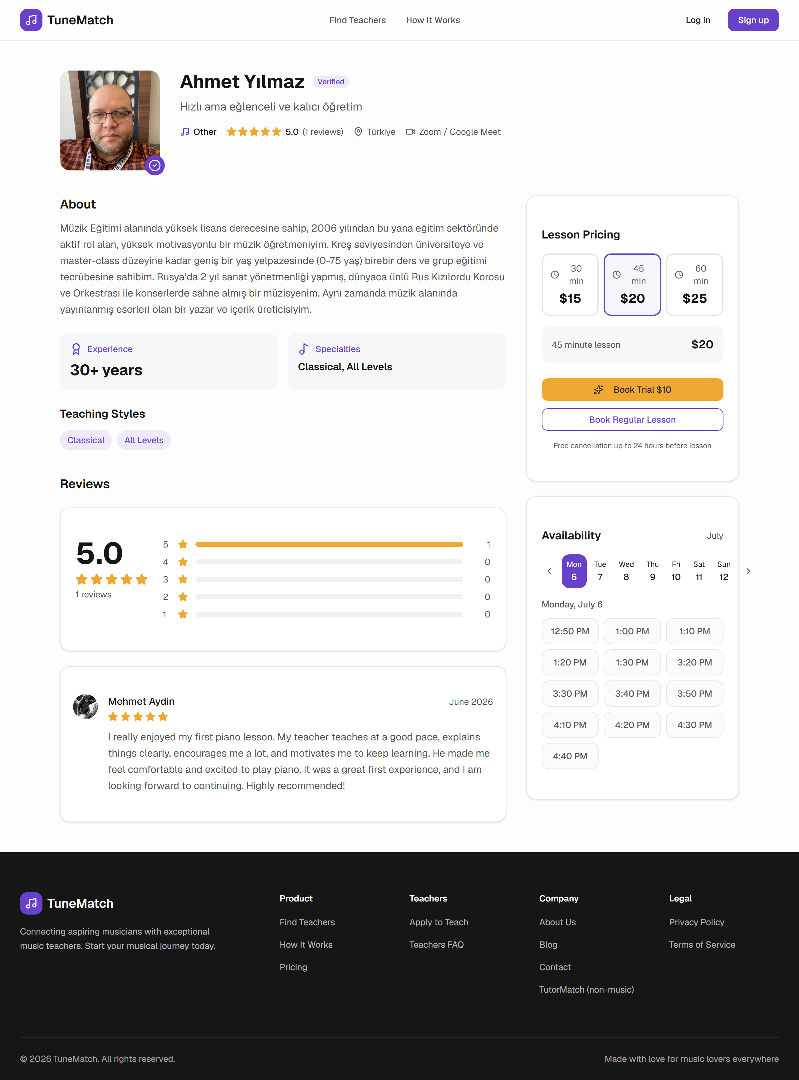 Teacher profile page